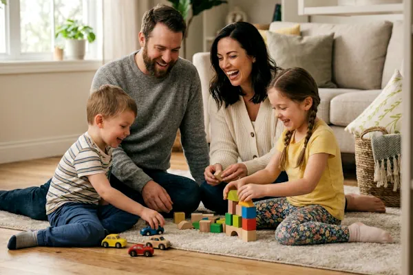 Family of four enjoying warm floors
