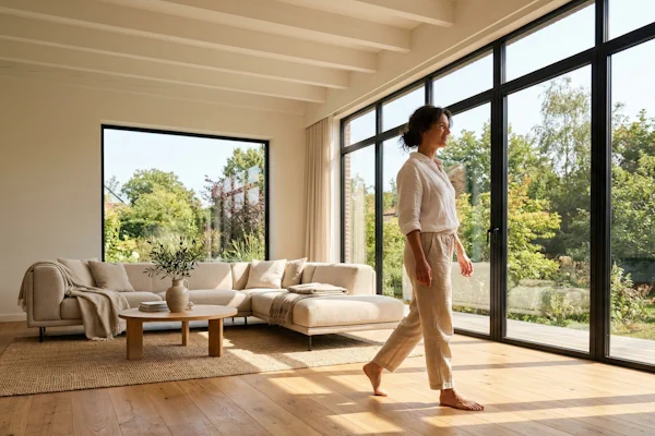 Underfloor heating woman walking in living room
