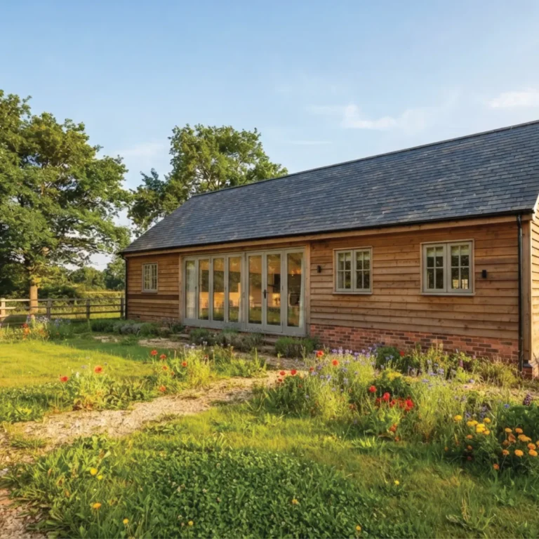 Exterior view of a timber-clad barn conversion at The Stables, Nicholas Wood Farm in Milton Keynes, site of a 115m² wet underfloor heating installation