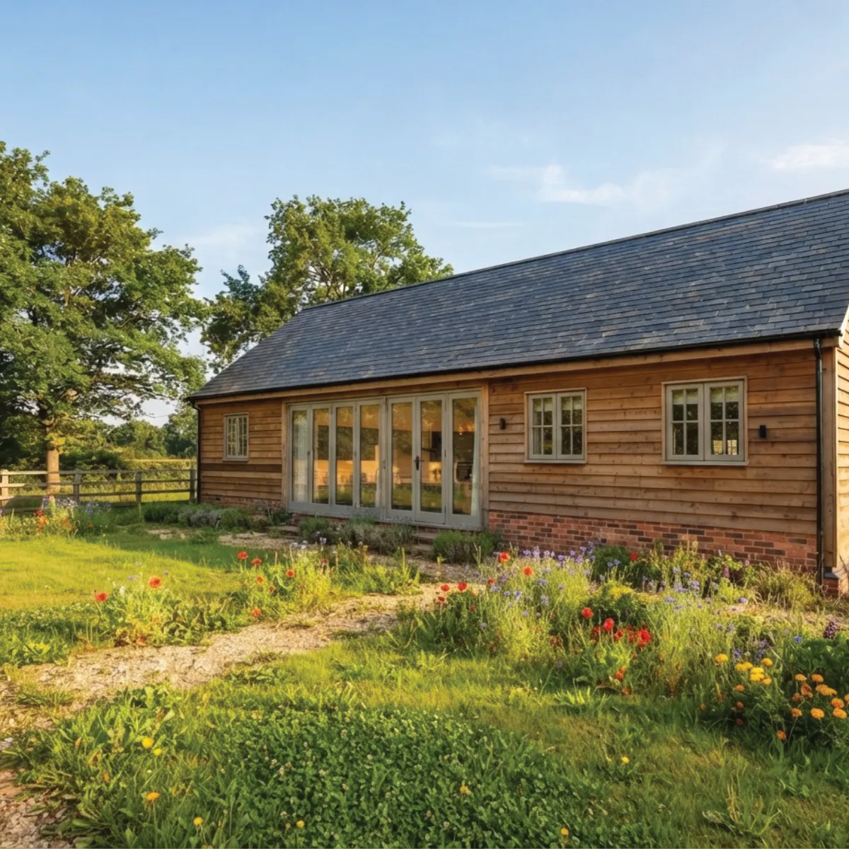 Exterior view of a timber-clad barn conversion at The Stables, Nicholas Wood Farm in Milton Keynes, site of a 115m² wet underfloor heating installation