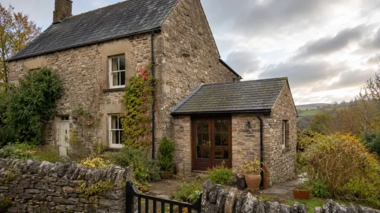 Exterior view of a traditional stone cottage with new extension, site of an 88m² wet mesh underfloor heating installation