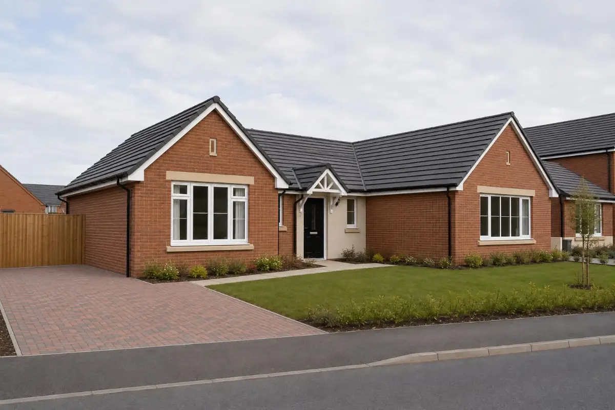 Exterior view of a modern brick bungalow at Oakwood Residence in Reading, site of a new build underfloor heating installation