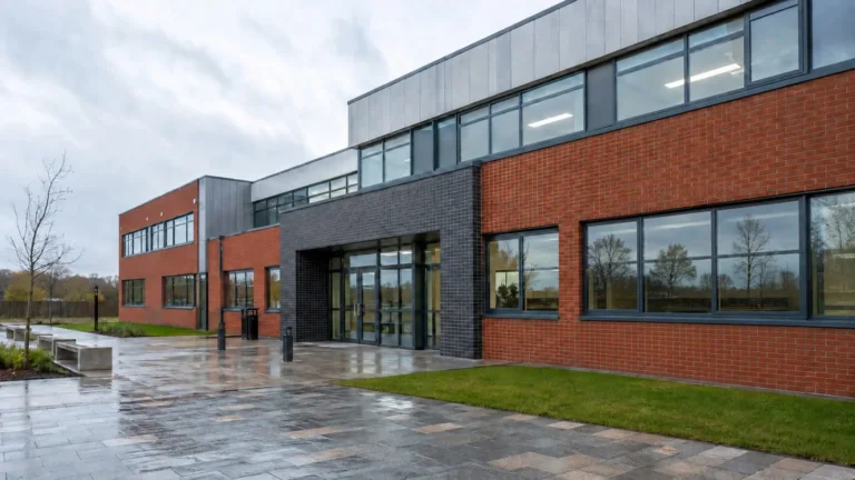 Exterior view of the modern red brick and grey cladding facade at Westbrook Academy, site of a 2,200m² wet underfloor heating installation